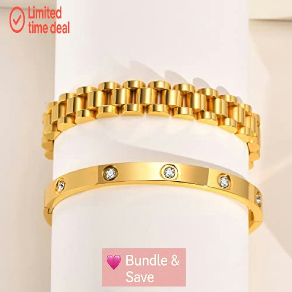 18K Gold Plated Link Bracelet Set, Stainless Steel with Adjust Tool - Picture 5 of 8